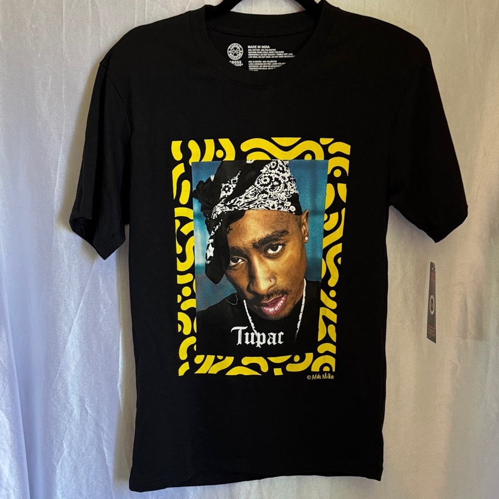 Black Tupac Shakur Graphic Tee with Yellow and Blue Accents "Poet" T-Shirt